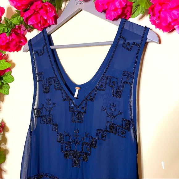 Free People Run With It Beaded Navy Tank Top - Picture 3 of 10